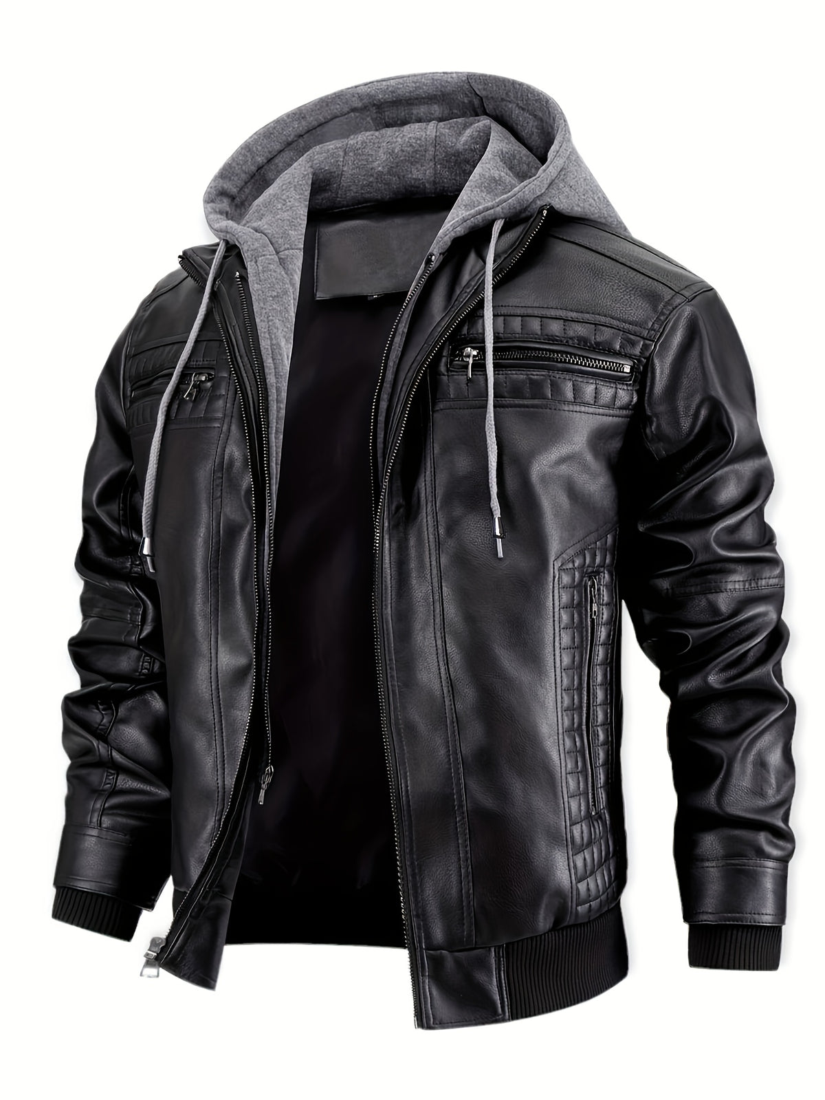 Men’s PU Leather Bomber Jacket – Zip-Up w/ Removable Hood