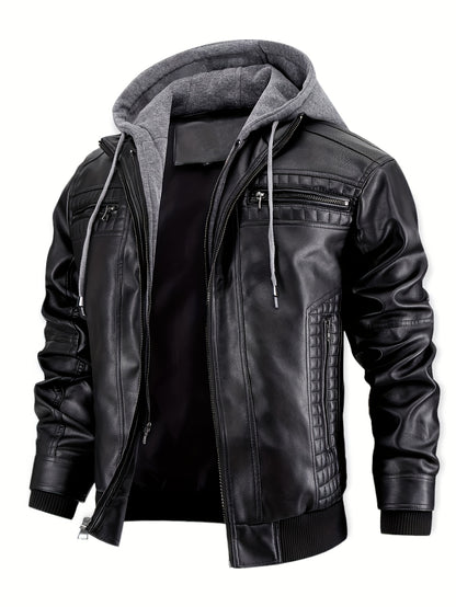 Men’s PU Leather Bomber Jacket – Zip-Up w/ Removable Hood
