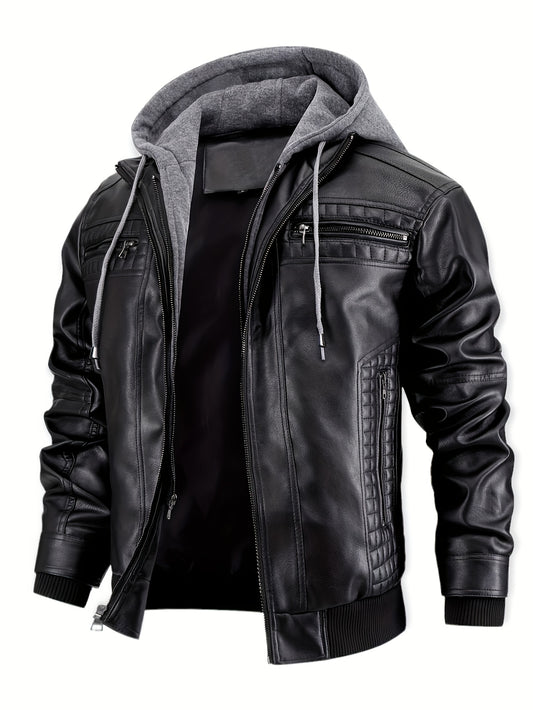 Men’s PU Leather Bomber Jacket – Zip-Up w/ Removable Hood