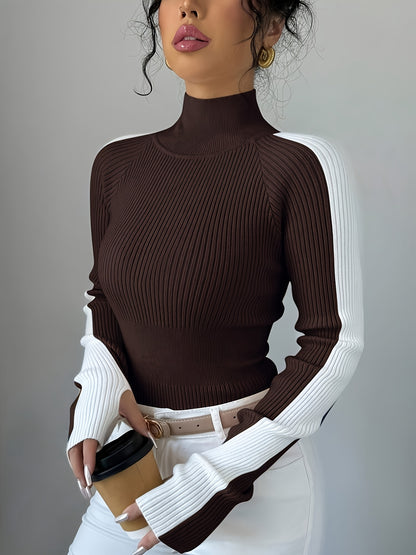 Women’s Color Block Turtleneck Sweater – Elegant Soft Knit Top
