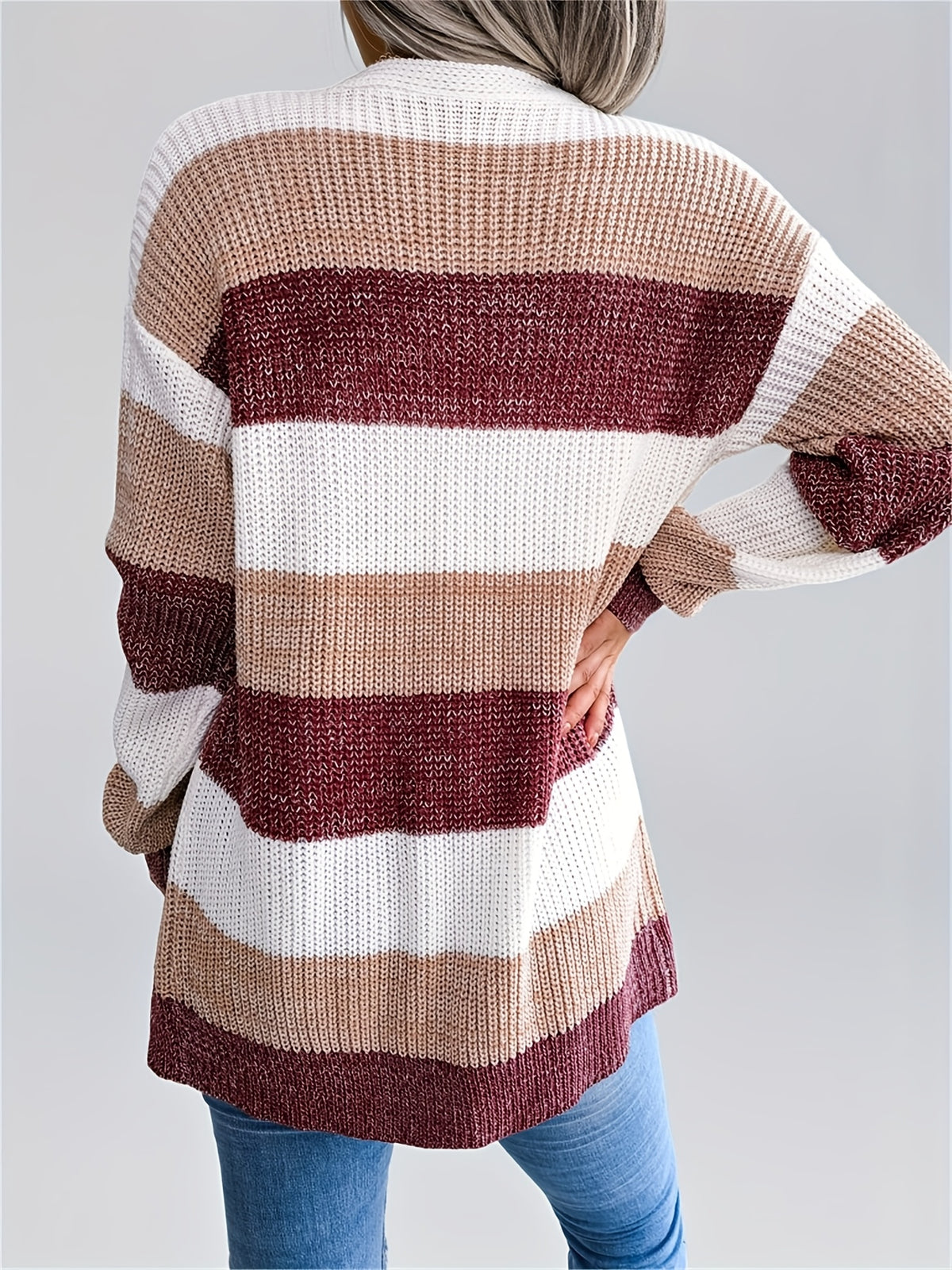 Cárdigan a rayas con bloques de color para mujer – Suéter de punto de invierno con mangas abullonadas