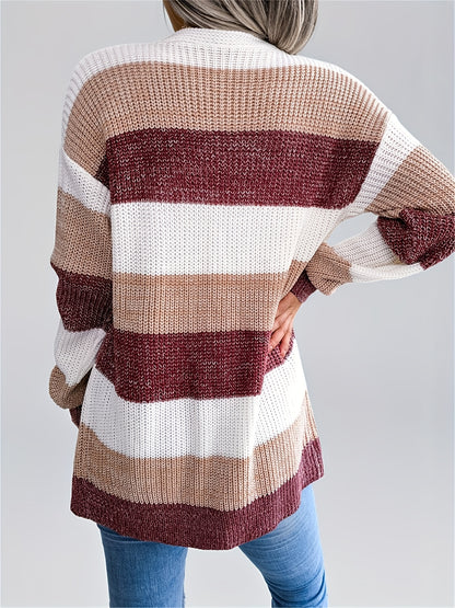 Cárdigan a rayas con bloques de color para mujer – Suéter de punto de invierno con mangas abullonadas