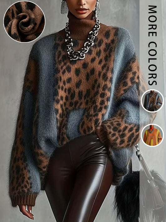 Vintage Leopard Print High Neck Sweater – Soft Loose Long Sleeve Knit