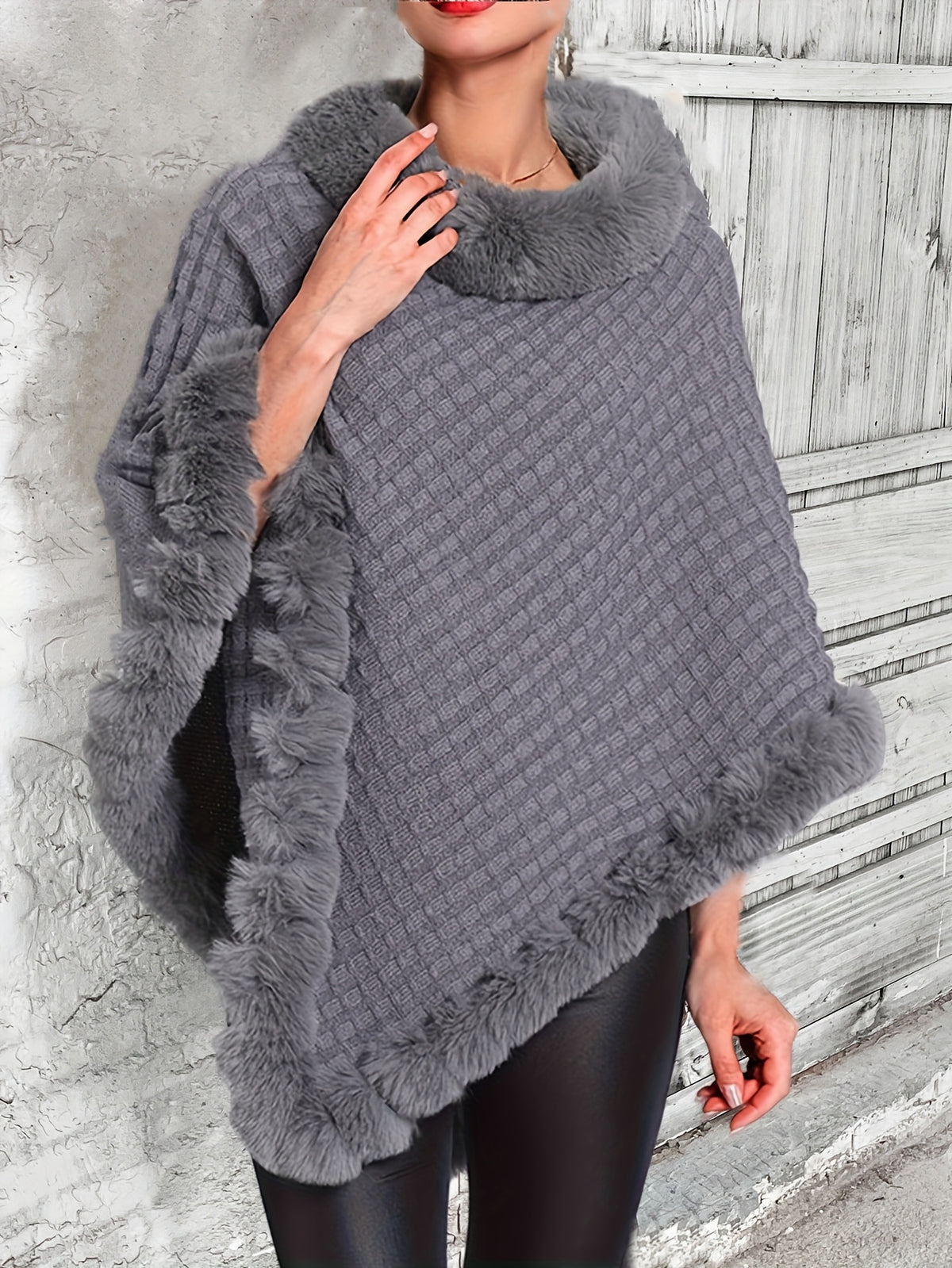 Women’s Faux Fur Cape Coat – Elegant Plush Collar Winter Outerwear