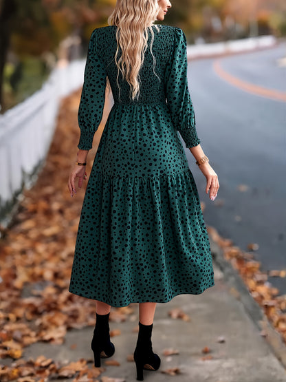 Leopard Print Long Sleeve Maxi Dress – Elegant A-Line Flowing Dress
