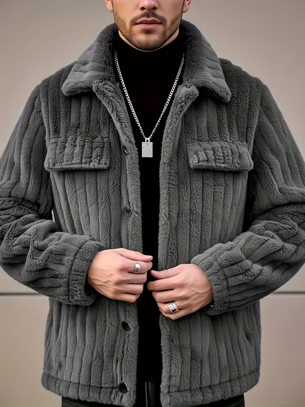 Men’s Flannel Button Jacket – Winter Casual Lapel Coat