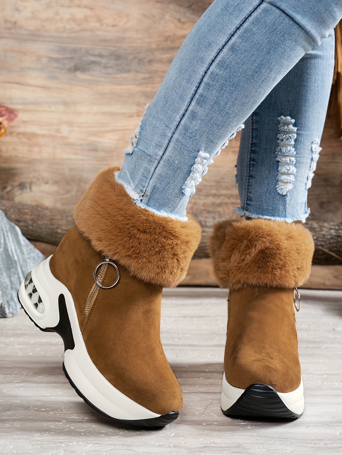 Bottines compensées pour femme – Chaussures d'hiver zippées à doublure en peluche