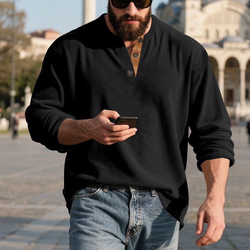 Men’s Retro Corduroy Henley Shirt – Long Sleeve Loose Fit