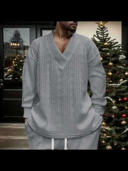Men’s V-Neck Knit Sweater – Jacquard Rib Casual Pullover