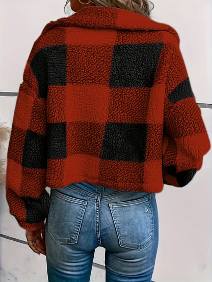 Manteau d'hiver en peluche à carreaux pour femme – Chaud, boutonné, manches longues