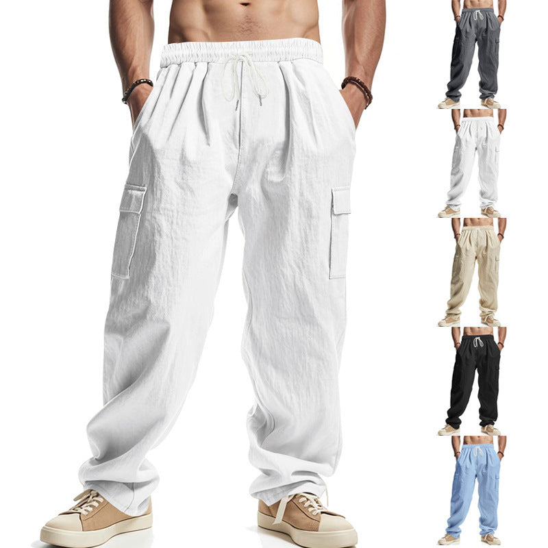 Loom & Soul™ Men’s Linen Cargo Pants – Multi-Pocket Breathable Straight-Leg Workwear Trousers