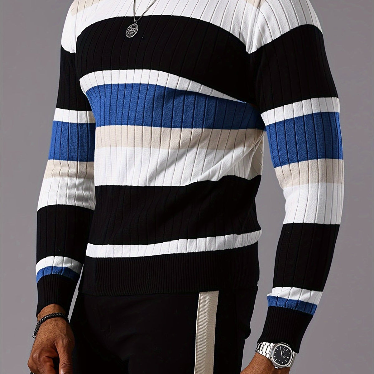 Men’s Striped Ribbed Knit Sweater – Color-Block Fall Winter Pullover