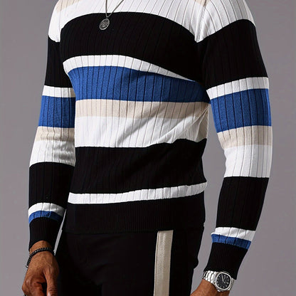 Men’s Striped Ribbed Knit Sweater – Color-Block Fall Winter Pullover