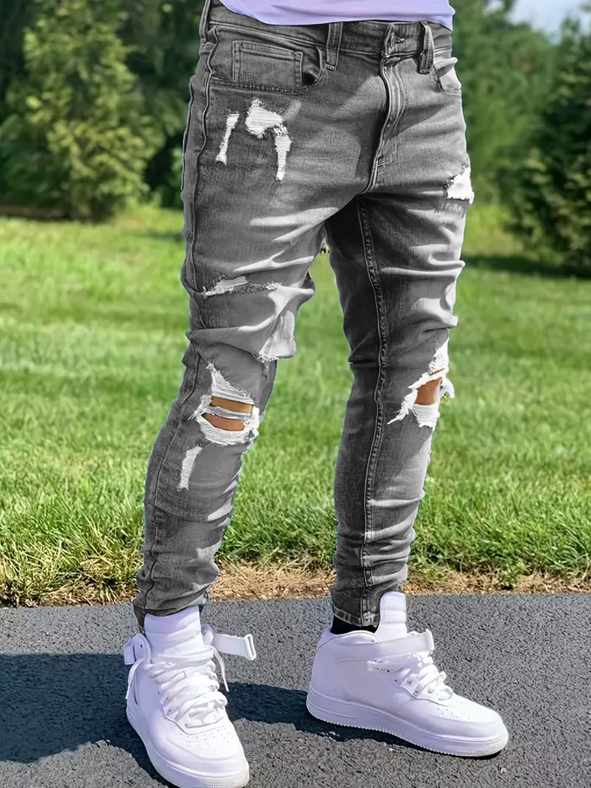 Men’s Ripped Straight Jeans – Stretch Streetwear Denim Pants