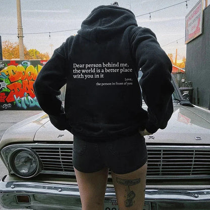 Loom & Soul – Sweat à capuche « Dear Person Behind Me » – Pull molletonné imprimé pour femme avec poche kangourou et cordon de serrage (Unisexe, plusieurs couleurs)