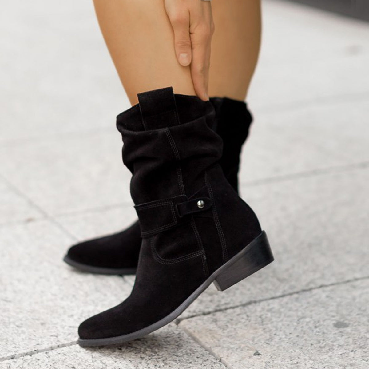 Bottes mi-mollet à bout pointu Loom & Soul pour femme – Bottes western en daim tendance avec fermeture éclair et talon carré