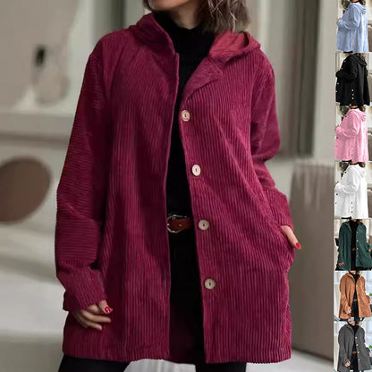 Veste à capuche en velours côtelé pour femme – Manteau chaud décontracté mi-long