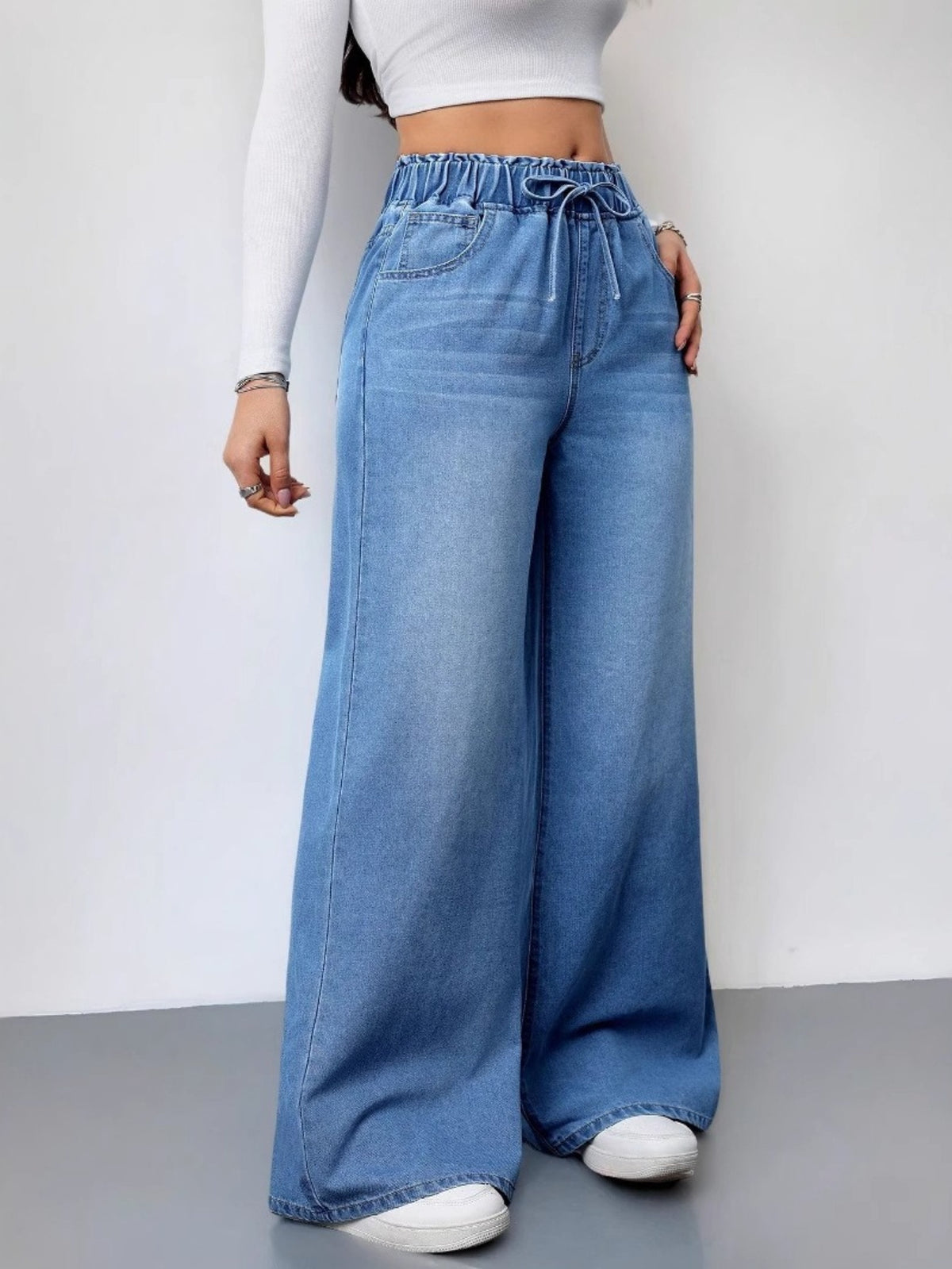 Jean large taille haute pour femme – Denim stretch avec cordon de serrage 2025