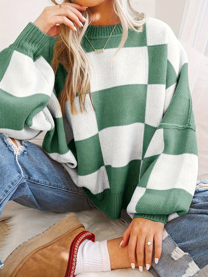 Checkered Knit Sweater – Cozy Fall/Winter Crewneck Plaid Pullover