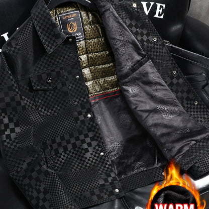 Manteau en PU à carreaux pour hommes – Veste de rue pied-de-poule noir et marron