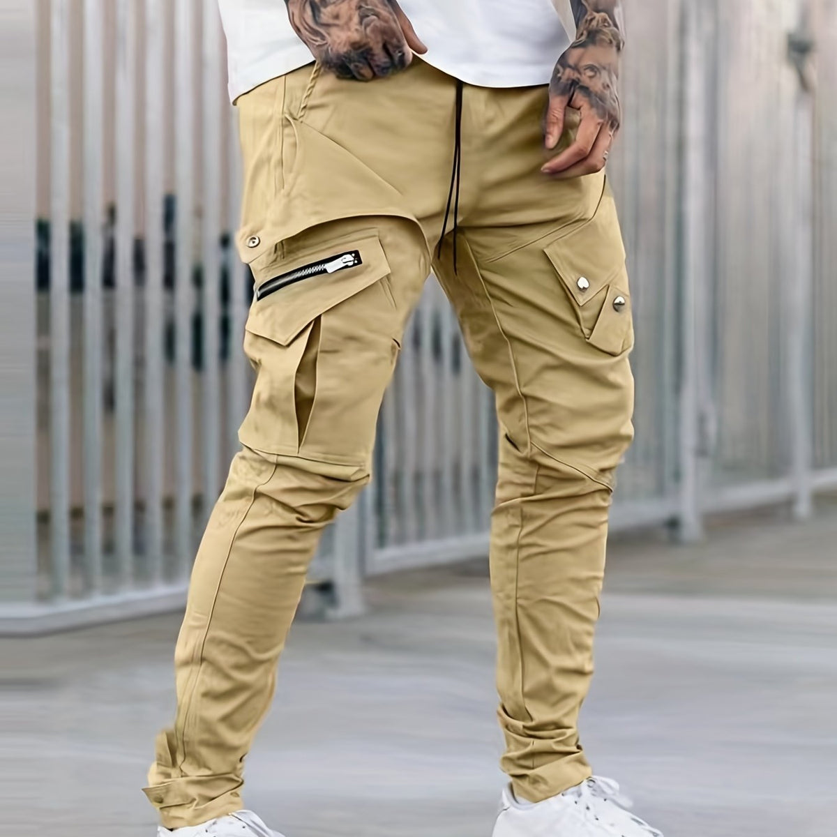 Pantalon cargo noir pour homme – Pantalon streetwear multipoches à cordon de serrage