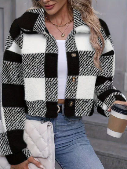 Manteau en peluche à carreaux pour femme – Vêtement d'extérieur chaud à carreaux pour l'automne/hiver avec boutons