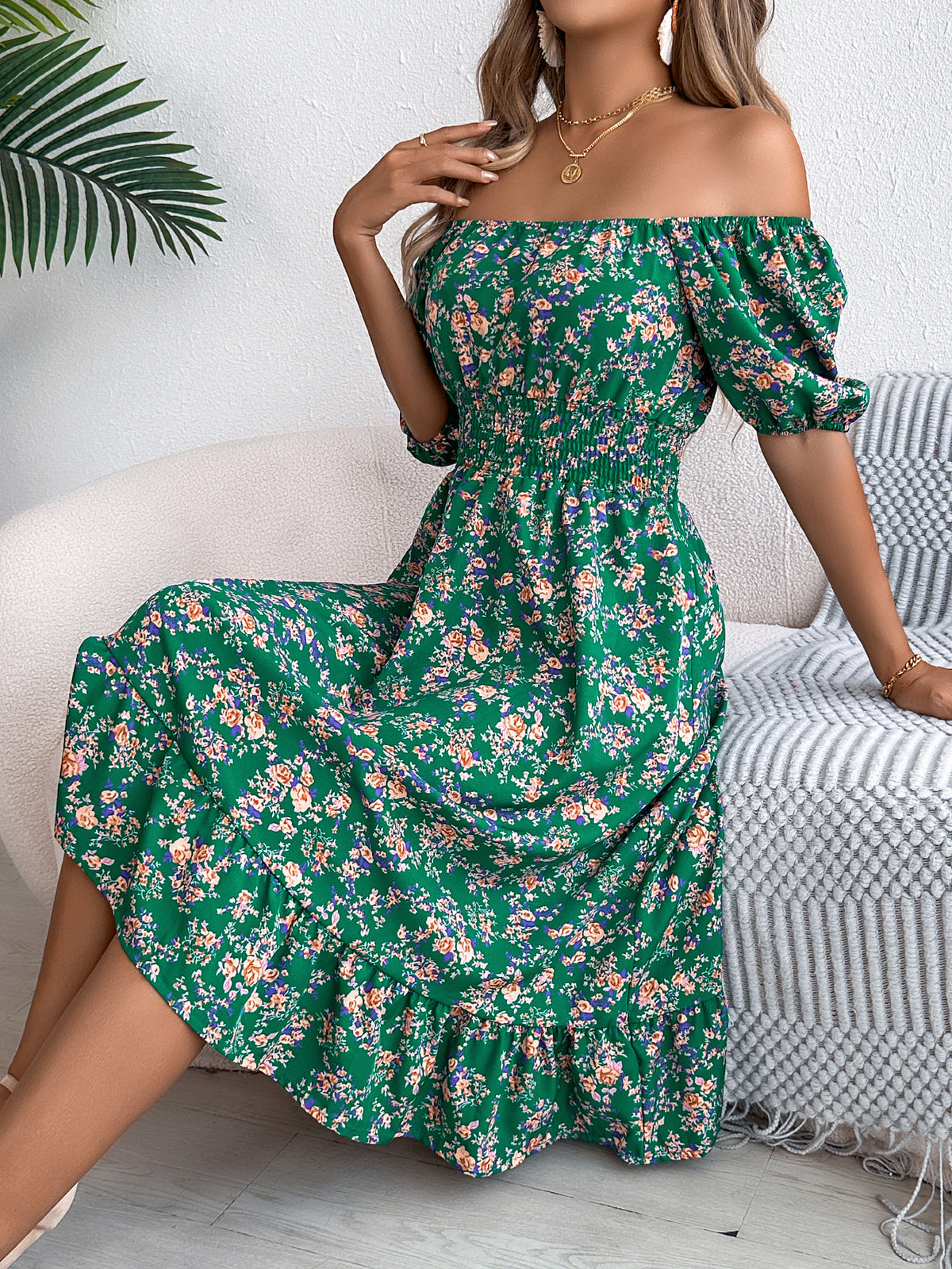 Loom & Soul™ Floral Ruffle Dress – Square Neck Summer Short Sleeve Dress for Women