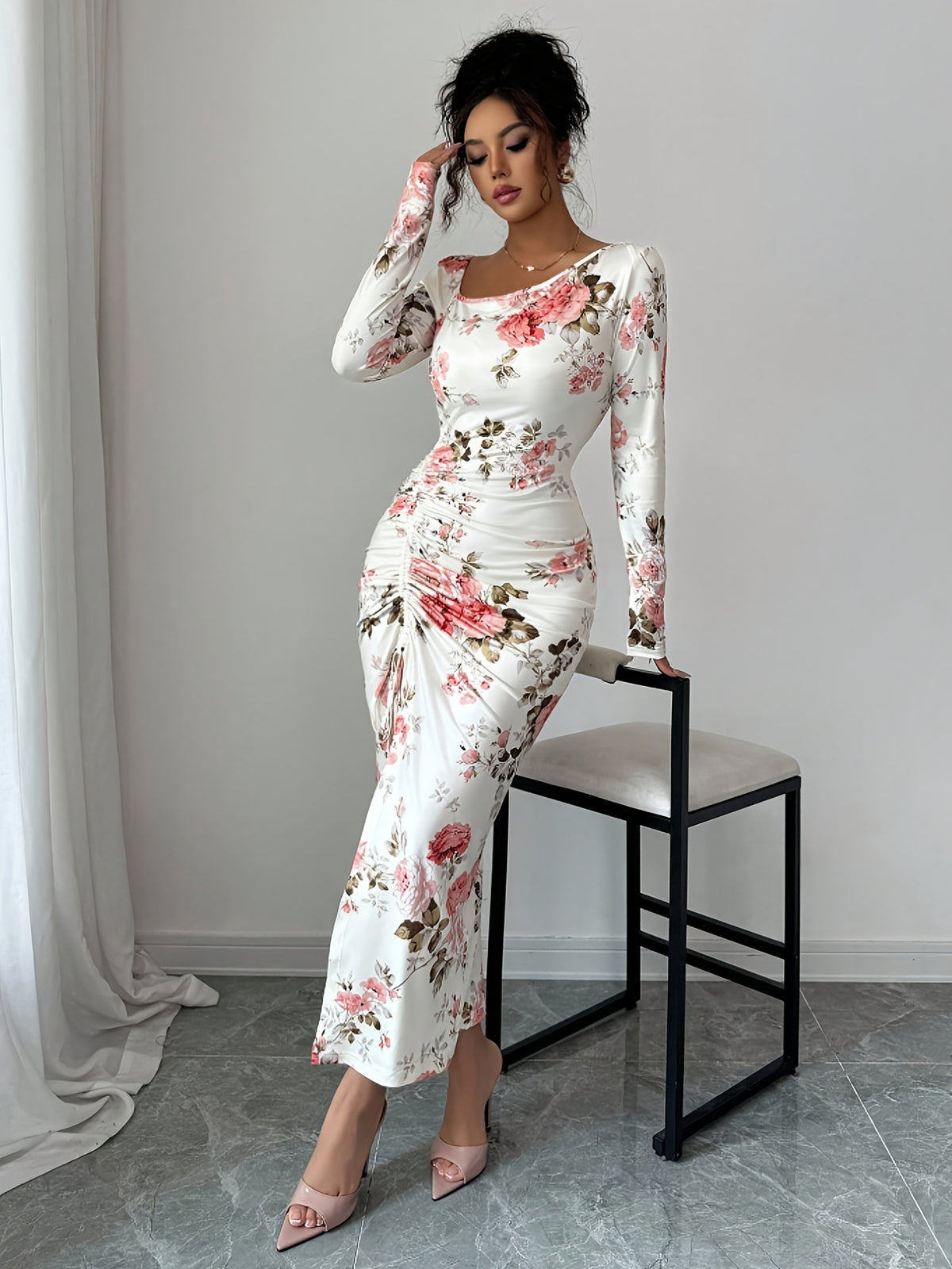 Asymmetrical Floral Bodycon Dress – Long Sleeve Ruffle Slit Dress