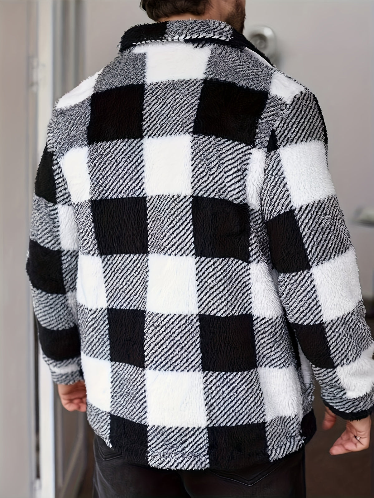 Men’s Black & White Plaid Fleece Jacket – Cozy Winter Overshirt