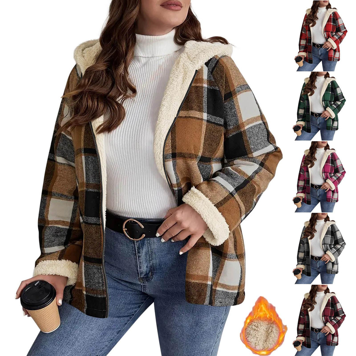 Manteau à carreaux doublé polaire et à capuche pour femme – Chaleur rétro ajustée