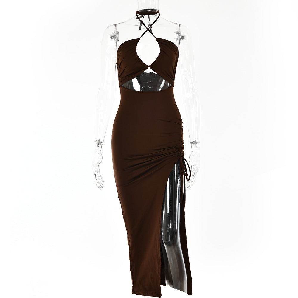 Vestido maxi dividido con cordones y cuello halter – Vestido de fiesta de verano Y2K sin espalda