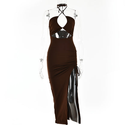 Vestido maxi dividido con cordones y cuello halter – Vestido de fiesta de verano Y2K sin espalda
