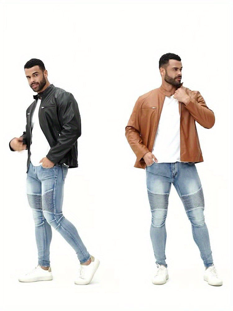 Veste de moto zippée pour homme – Col montant en cuir PU marron