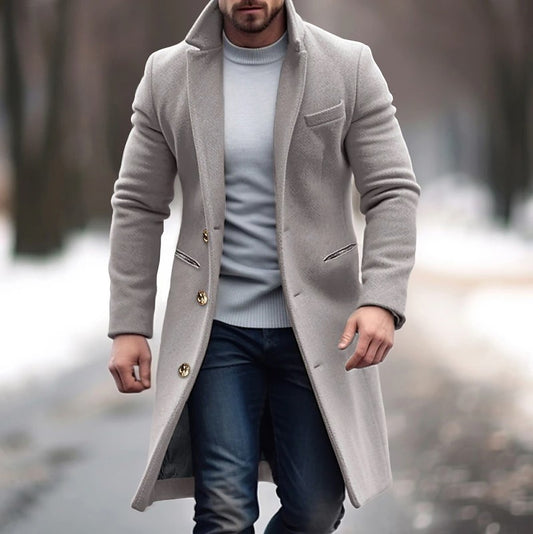 Loom & Soul™ Men’s Winter Wool Trench Coat – Classic Lapel Single-Breasted Long Jacket