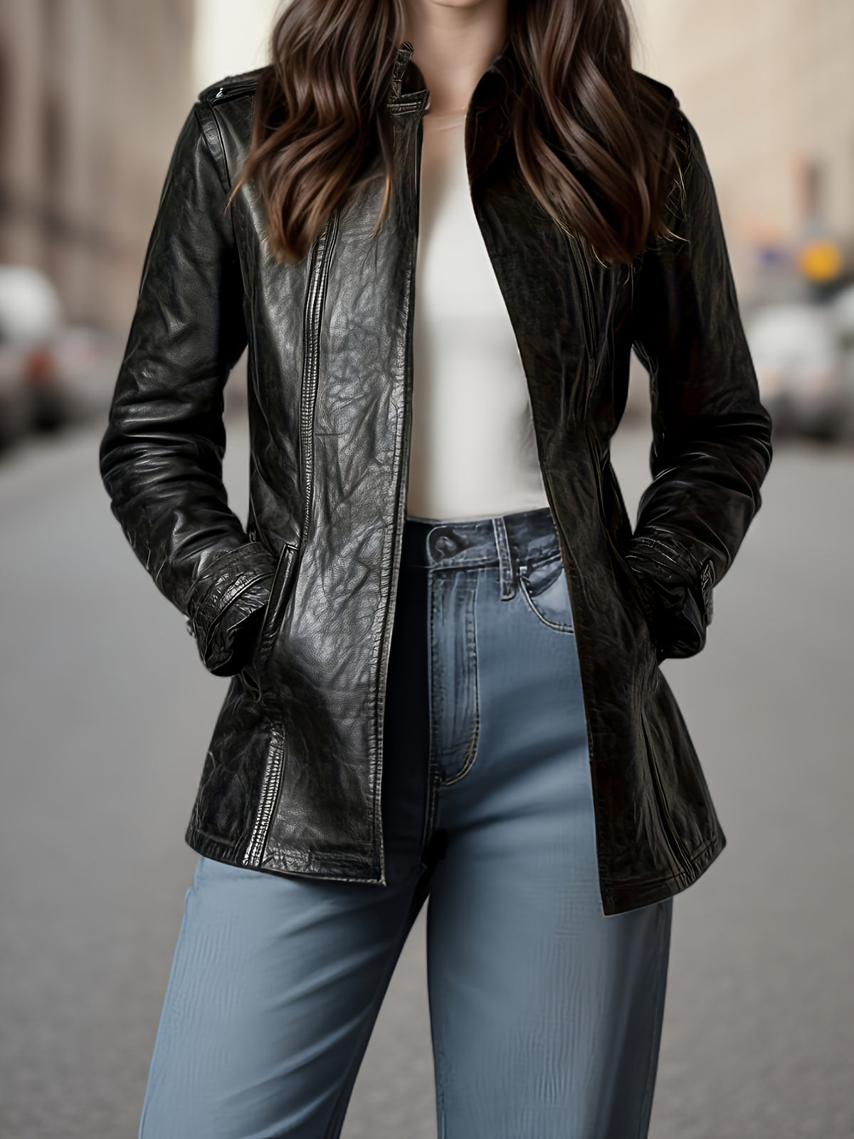 Blouson moto en cuir PU pour femme – Veste zippée style rétro à col montant