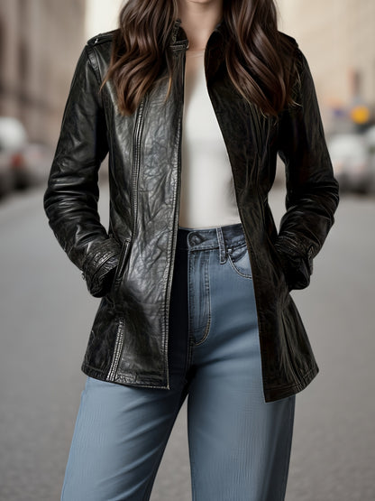 Blouson moto en cuir PU pour femme – Veste zippée style rétro à col montant