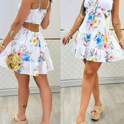 Floral Cold Shoulder Ruched Mini Dress – Spaghetti Strap Beach Style