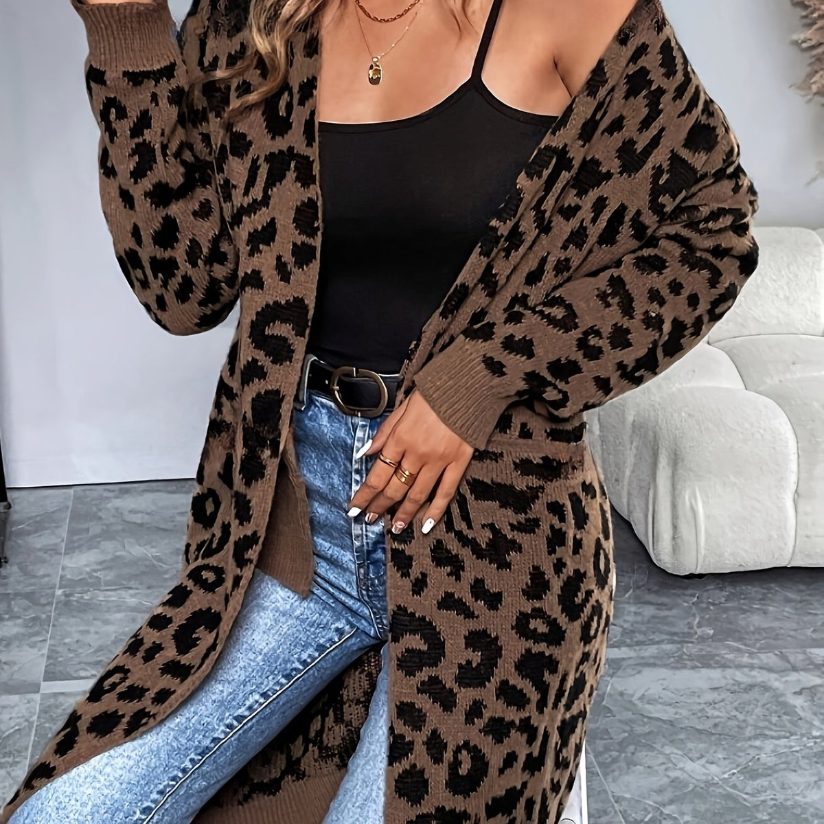 Cardigan imprimé léopard – Chandail douillet sans col en tricot