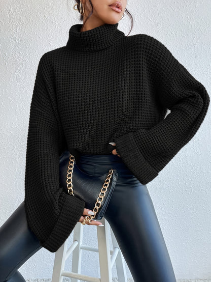 Women’s High-Neck Drop Shoulder Waffle Sweater – Vibrant Blue Knit