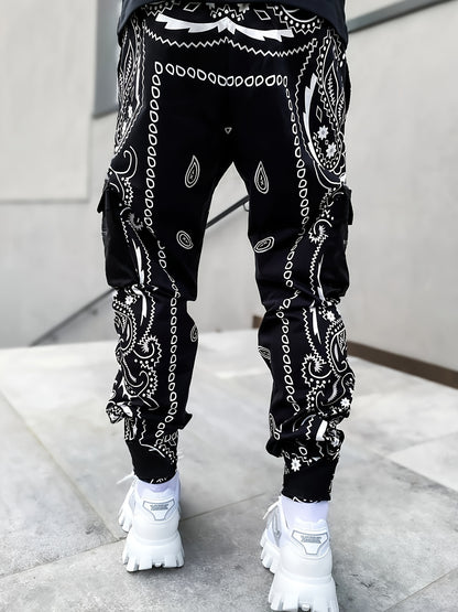 Pantalon cargo de jogging géométrique pour homme – Coupe ample avec poches zippées