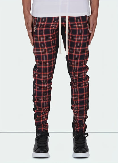 Men’s Red & Black Plaid Joggers – 3D Knit Streetwear Trousers