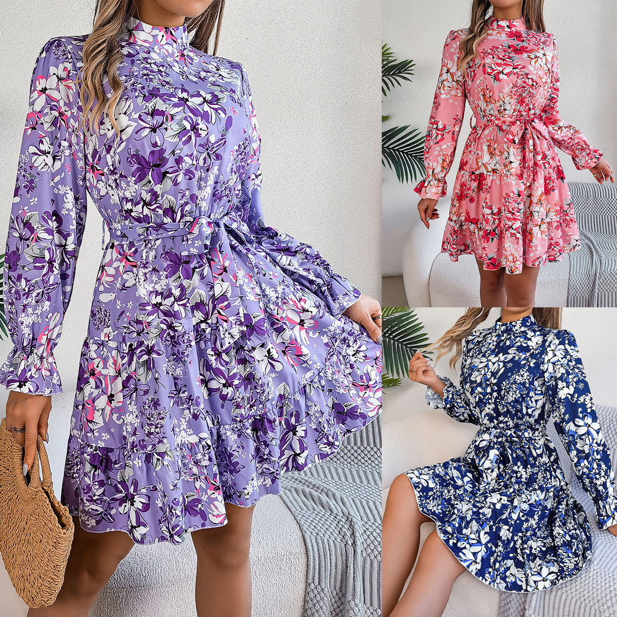 Robe longue fleurie à volants Loom & Soul™ – Robe trapèze à col montant et taille élastiquée pour femme pour le printemps et l'automne