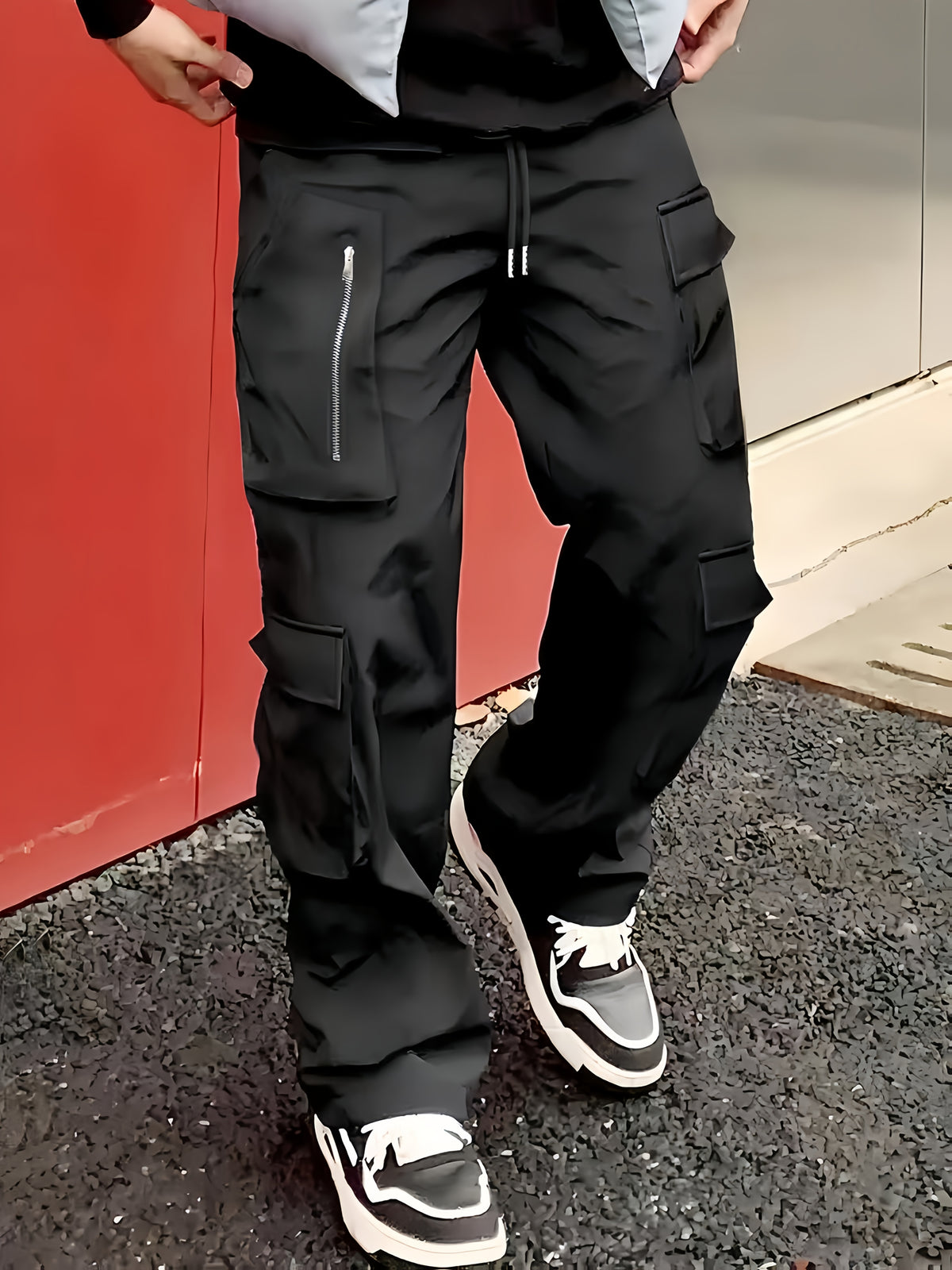 Pantalon cargo noir pour homme – Jogging d'extérieur coupe ample multi-zips pour le printemps/l'automne