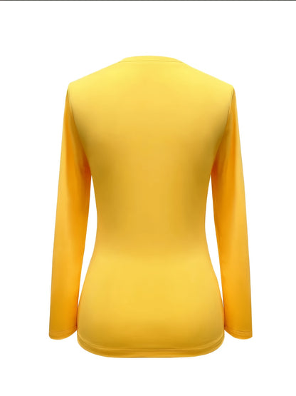 Haut noir élégant à manches longues – T-shirt col rond boutonné doré