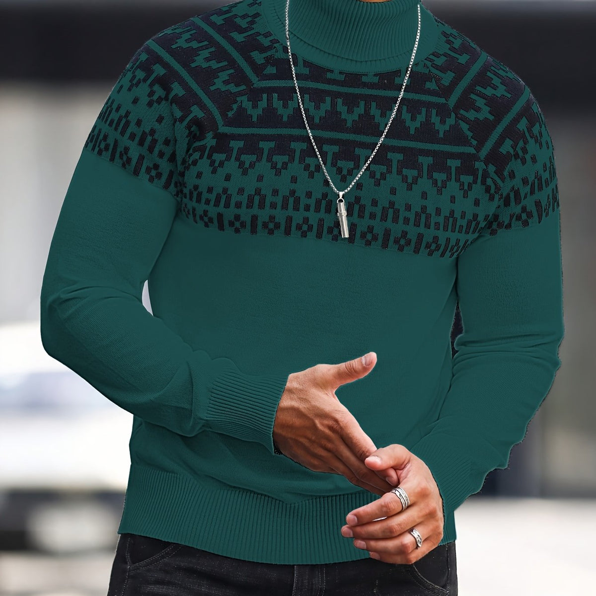 Men’s Geometric Turtleneck Sweater – Casual Knit Pullover for Fall & Winter