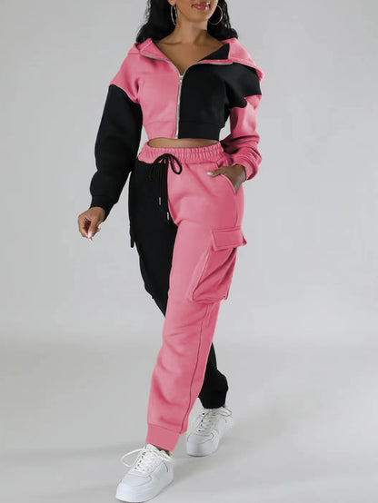 Colorblock Hooded Jacket & Cargo Pants Set – Women’s Zip-Up Two-Piece