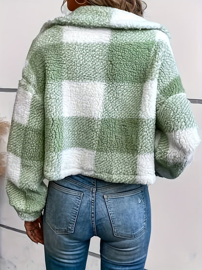 Manteau d'hiver en peluche à carreaux pour femme – Chaud, boutonné, manches longues