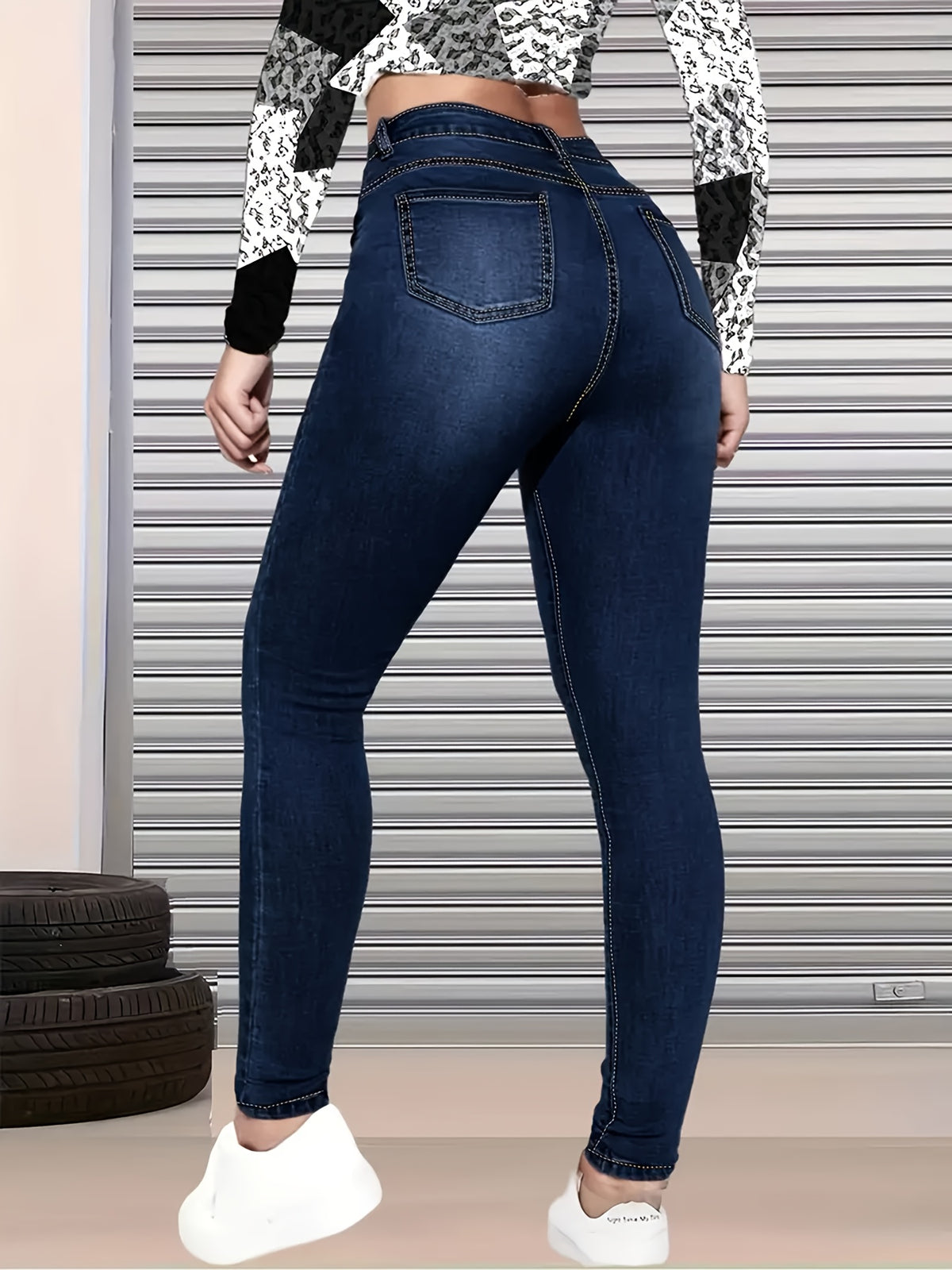 Women’s High Waist Ripped Skinny Jeans – Dark Wash Distressed Denim