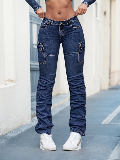 Women’s High Waist Cargo Jeans – Relaxed Blue Denim Straight-Leg Pants