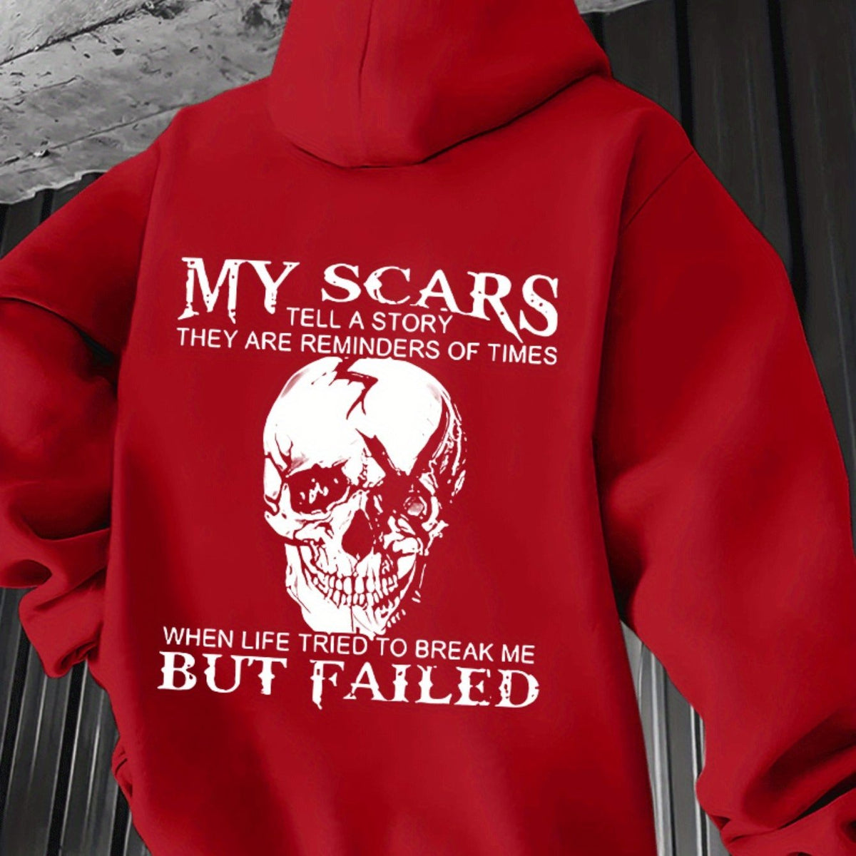 Sudadera con capucha para hombre "Mis cicatrices cuentan una historia" – Estampado trasero de calavera motivacional